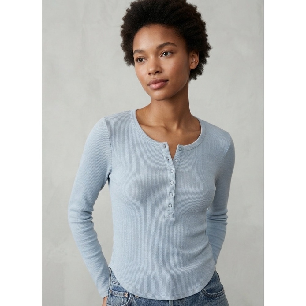 New In Ribbed Henley Long Sleeve Pocket Top Light Blue M